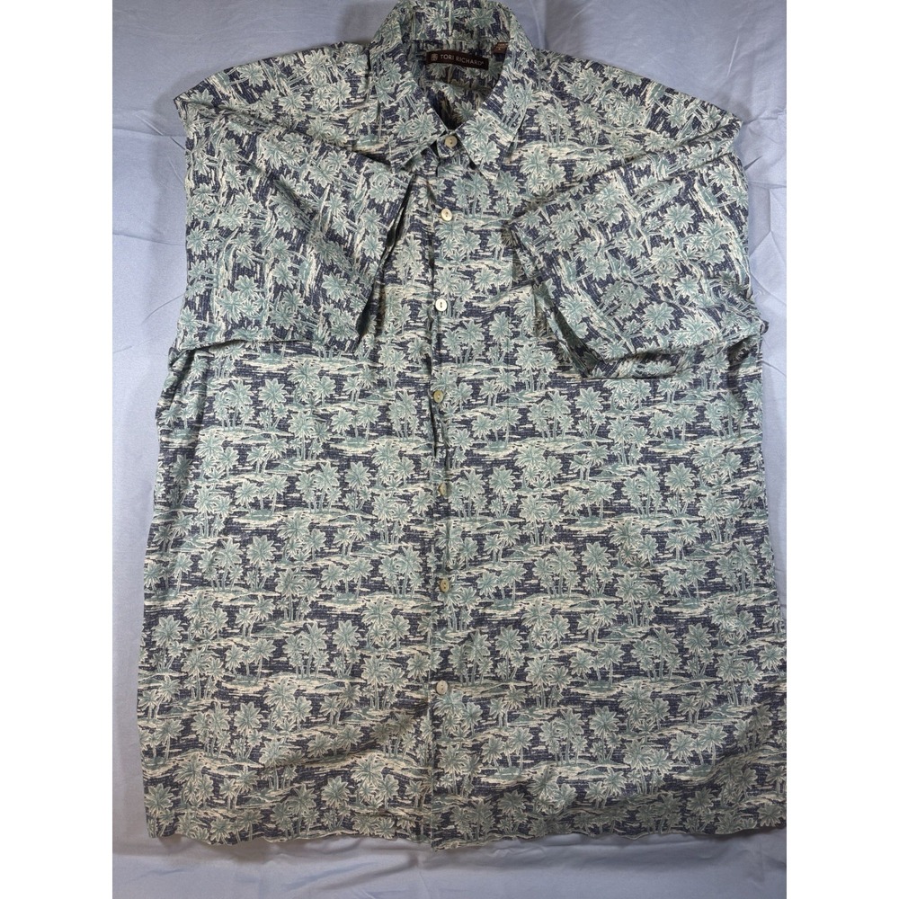 Tori Richard Men's Blue Palm Tree Print Short Sleeve Button Up Shirt Size Large
